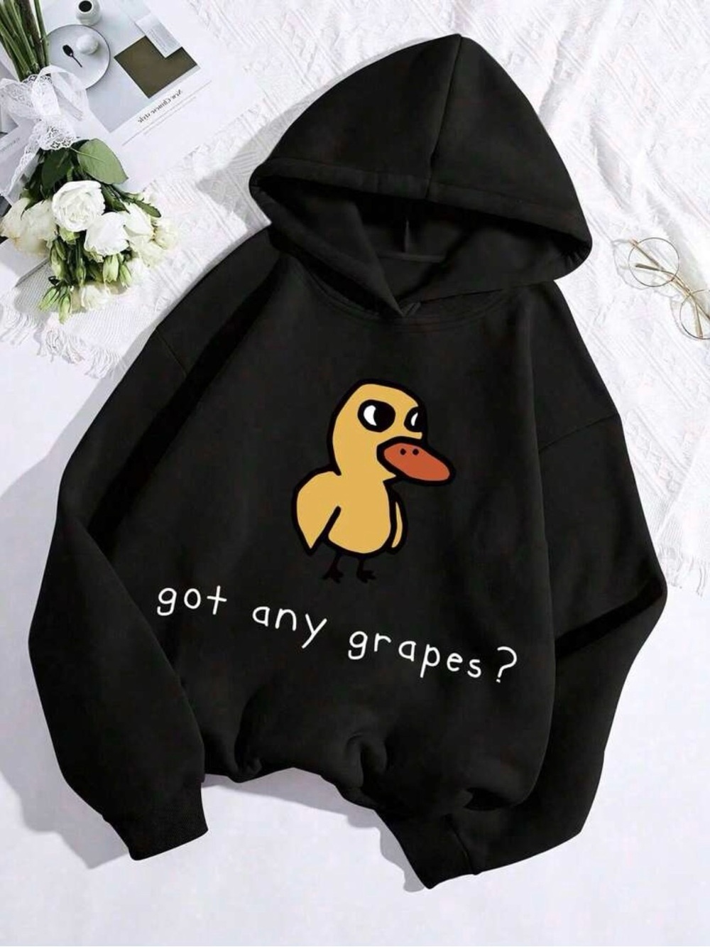 SHEIN Black Hoodie with Yellow Duck Graphic